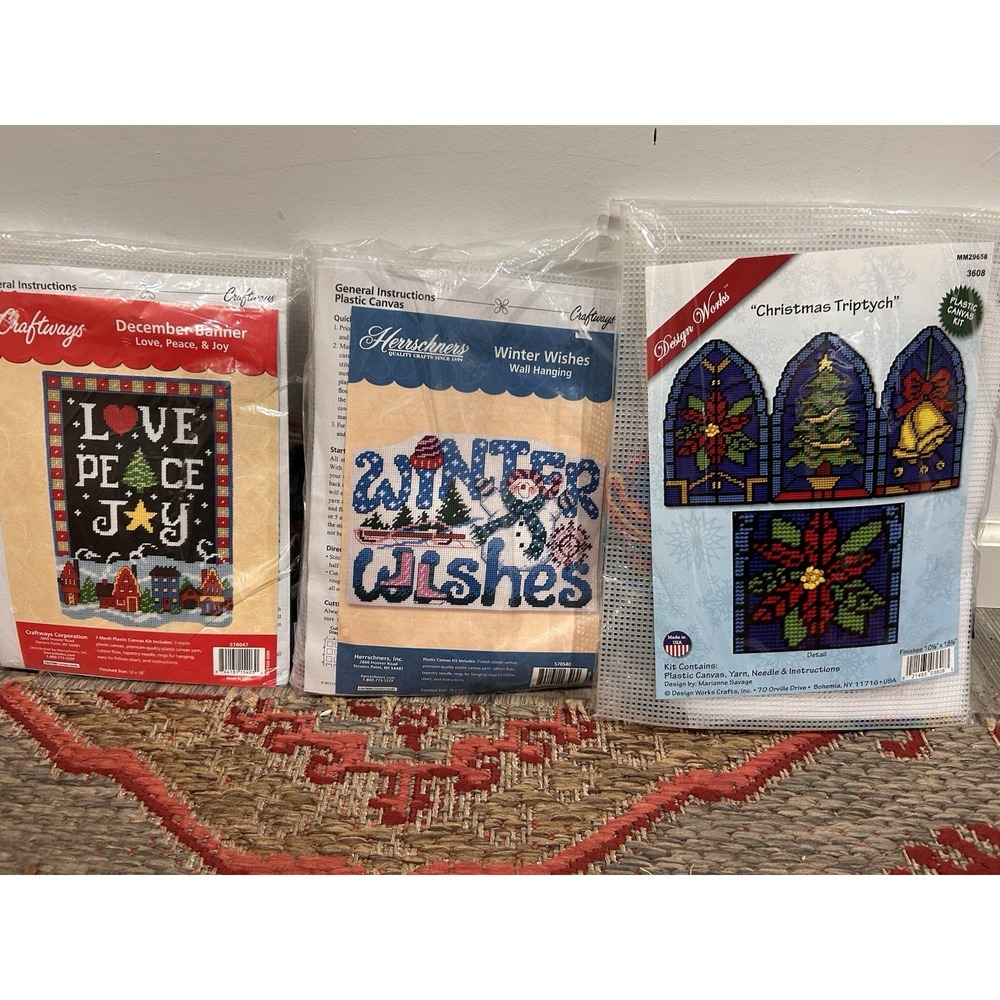 NOS VINTAGE PLASTIC CANVAS KIT Christmas LOT OF 3 NEW Love Winter Triptych